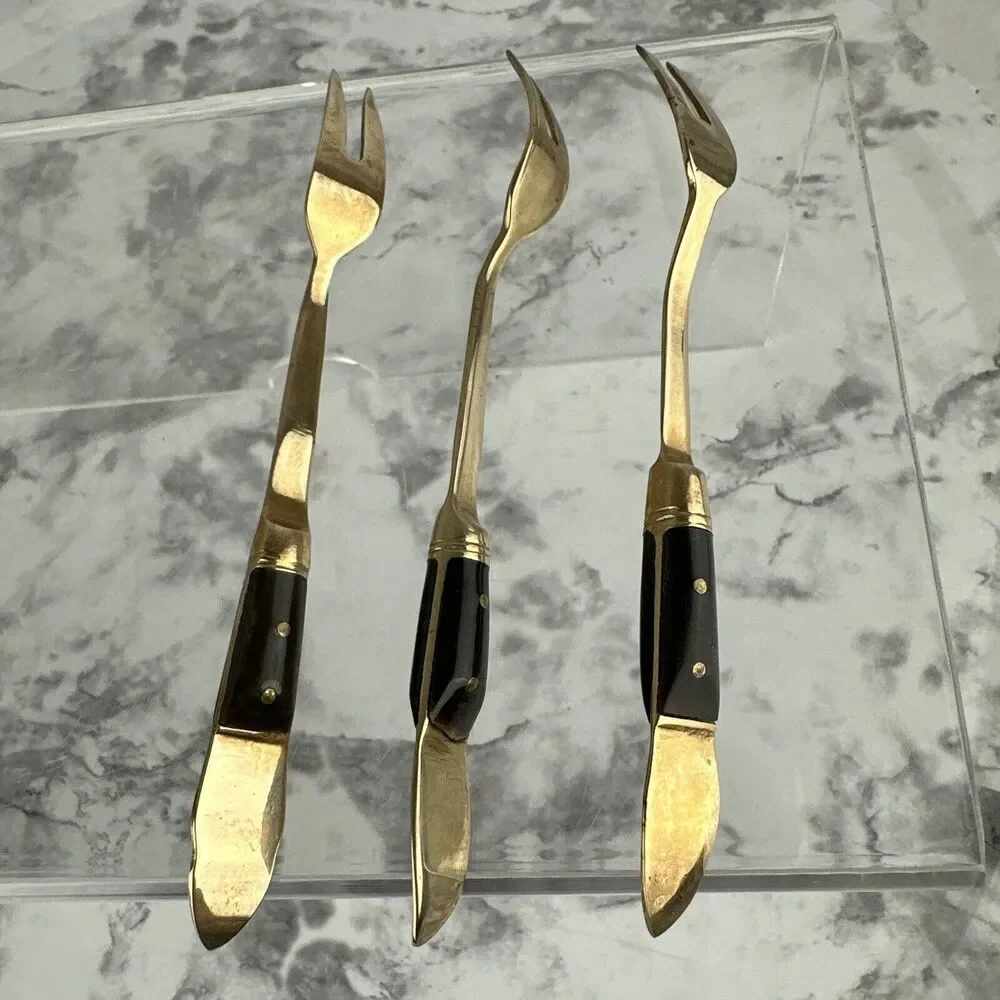 Vintage Mid Century Modern Siam‎ Appetizer Forks 9 Piece Brass Thailand Buddha